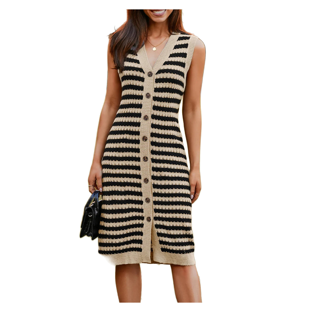 Women's Parchment and Black Striped Button-Front Knit Dress