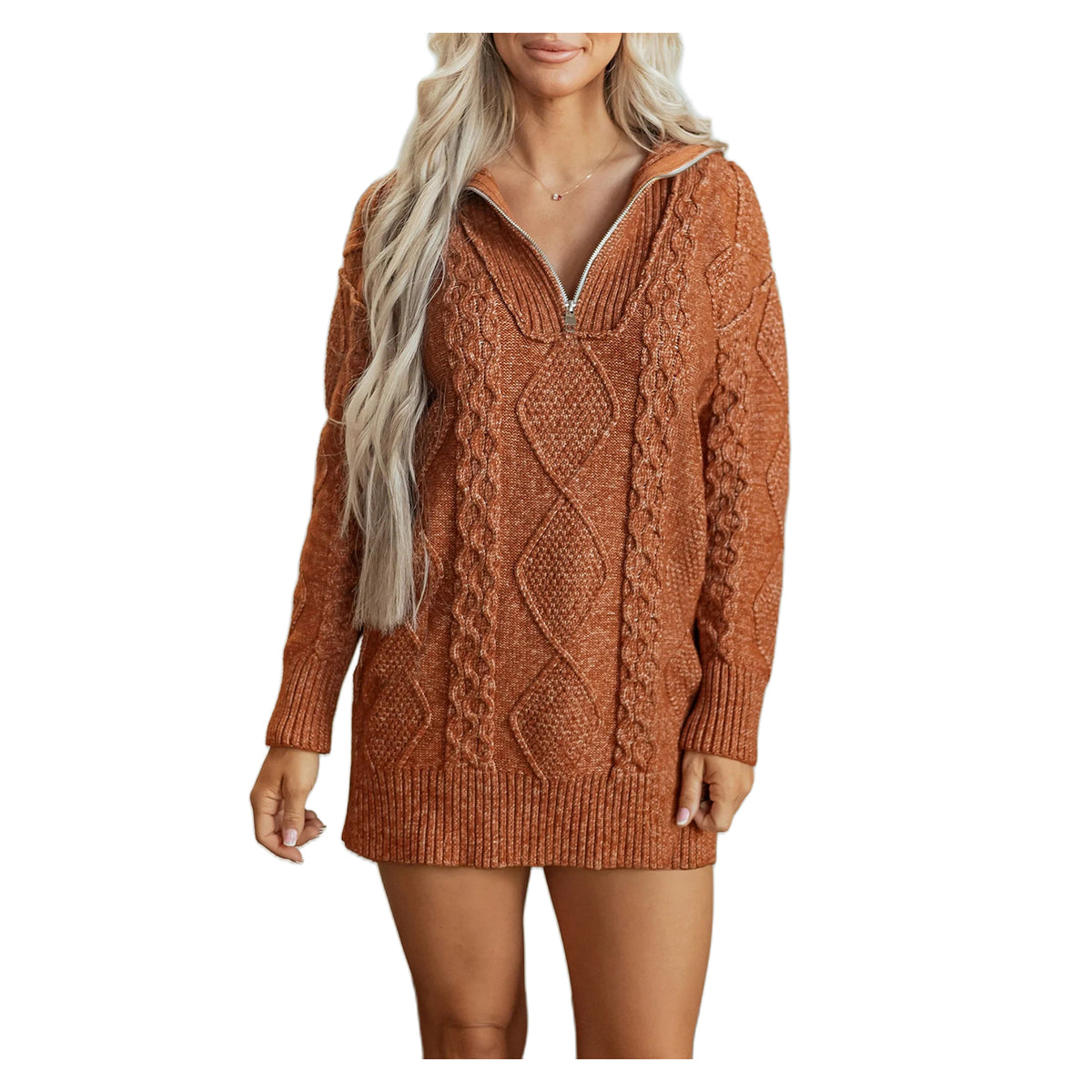 Women's Clay Cable Knit Zip-Neck Long Sleeve Mini Dress