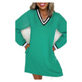 Women's Mint Green Contrast-Trim V-Neck Long Sleeve Dress