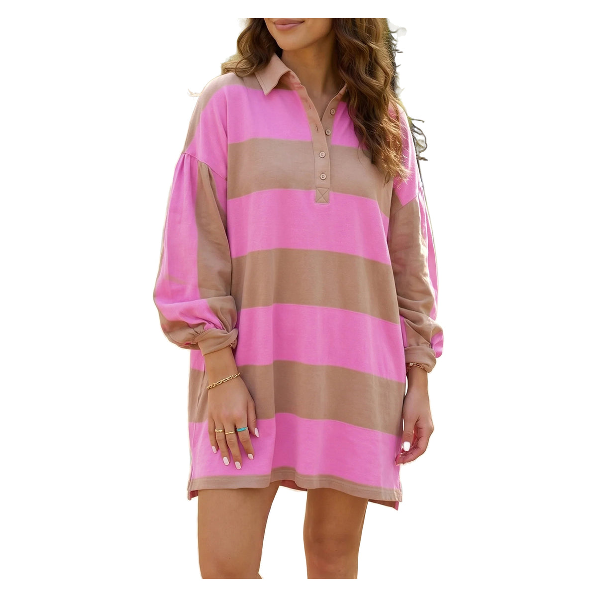 Women's Rose Striped Button-Neck Long Sleeve Shift Dress