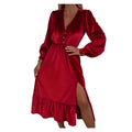Women's Racing Red Velvet Button-Front Puff Sleeve Midi Dress
