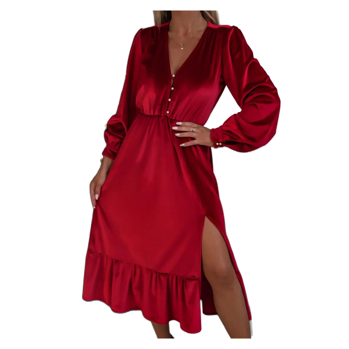 Women's Racing Red Velvet Button-Front Puff Sleeve Midi Dress