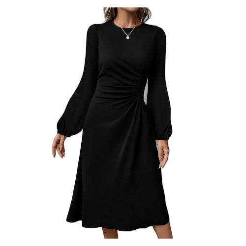 Women's Black Ruched-Waist Long Sleeve Midi Dress