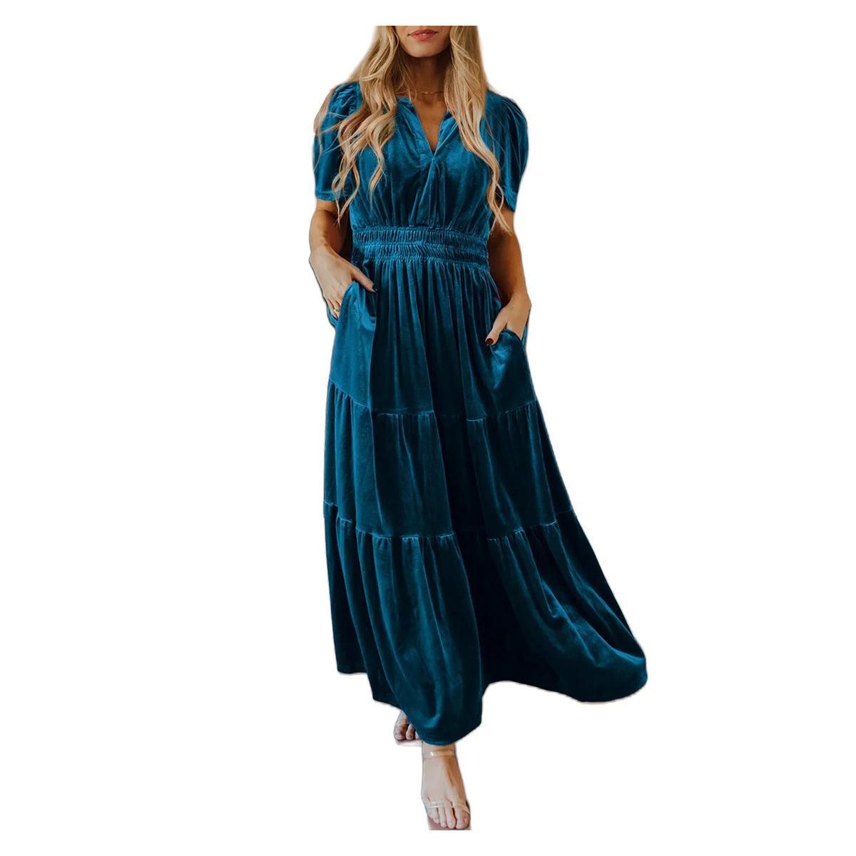 Women's Prussian Blue Velvet Shirred-Waist Tiered Maxi Dress