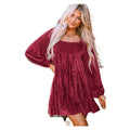 Women's Red Velvet Square-Neck Puff Sleeve Babydoll Dress