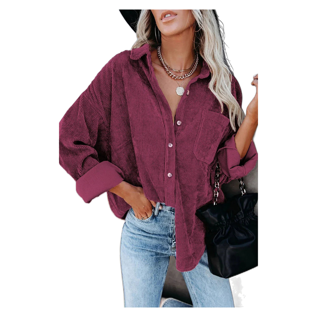 Women's Red Corduroy Button-Front Pocket Shirt