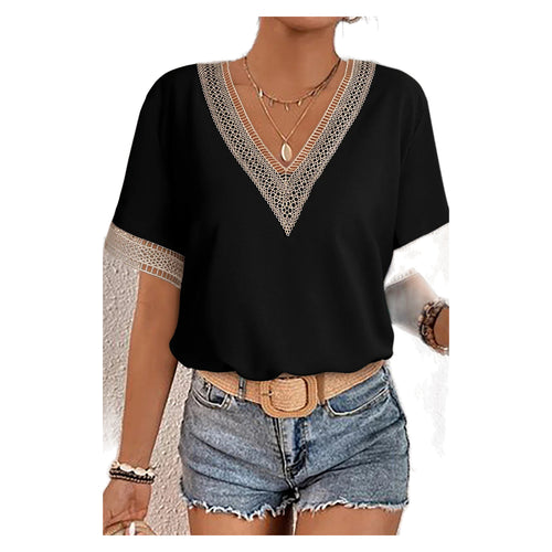 Women's Black Lace-Trim V-Neck Short Sleeve Blouse