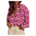 Women's Pink Floral Split-Neck Pleated Puff Sleeve Blouse