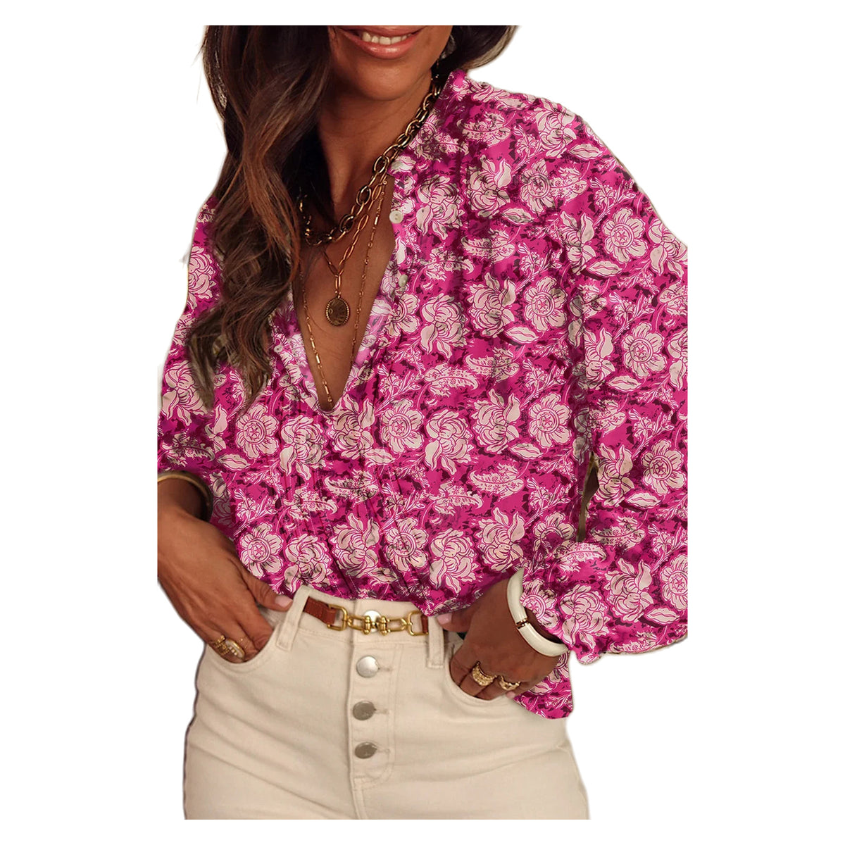 Women's Pink Floral Split-Neck Pleated Puff Sleeve Blouse