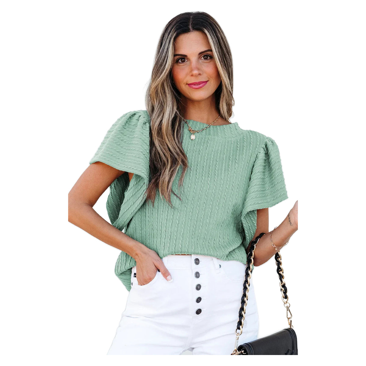 Women's Moonlight Jade Textured Flutter Sleeve Top