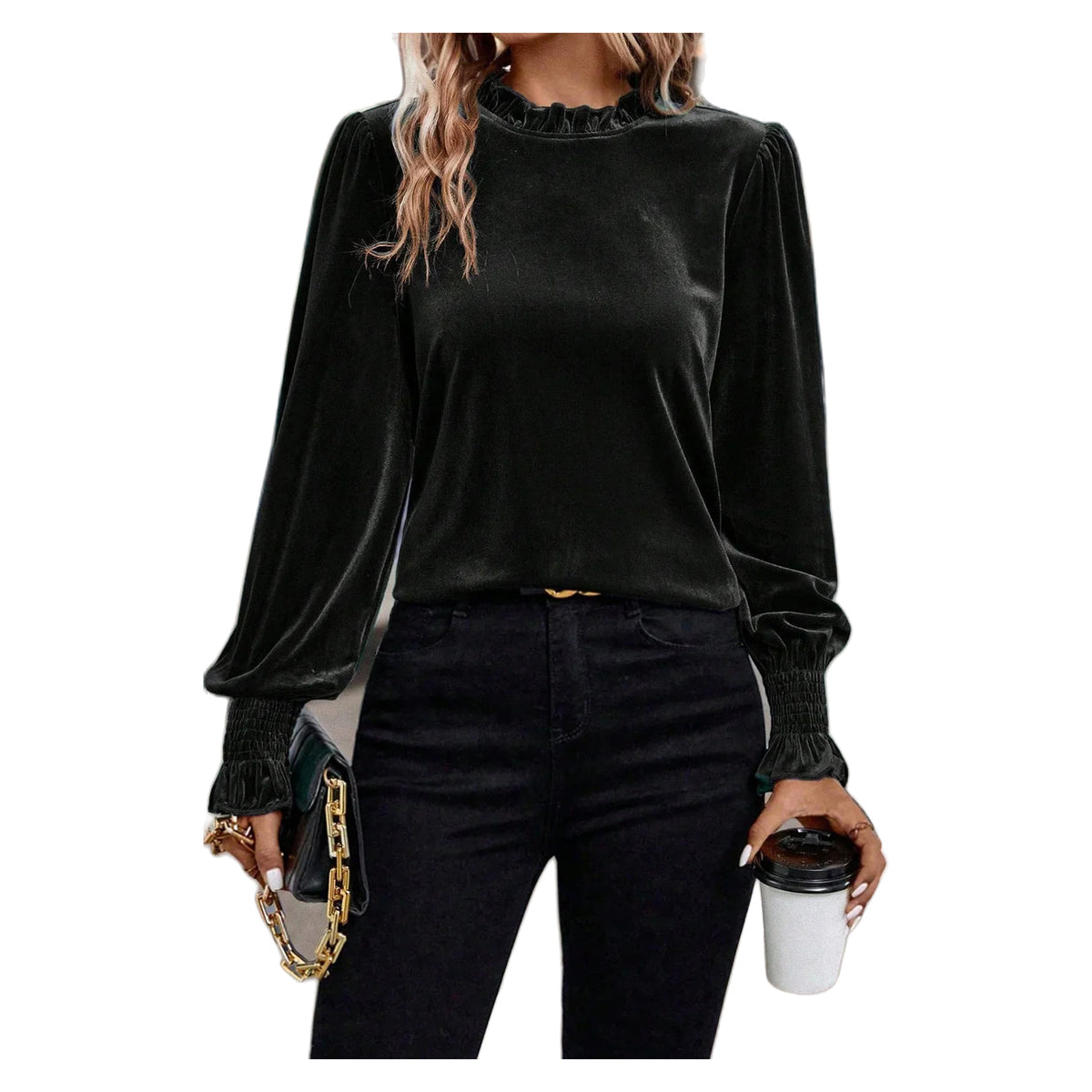 Women's Black Velvet Frilled-Neck Smocked-Cuff Blouse